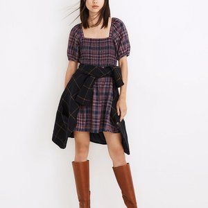 MADEWELL Lucie Puff-Sleeve Smocked Mini Dress in Rockfern Plaid SIZE XS